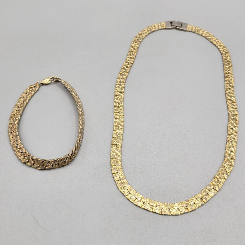 Flat Nugget Gold Tone Necklace and Bracelet Set Textured Links